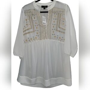 Suzanne Betro Cream Embroidered Peasant Blouse Mandarin Collar 3/4 Sleeve‎ Top